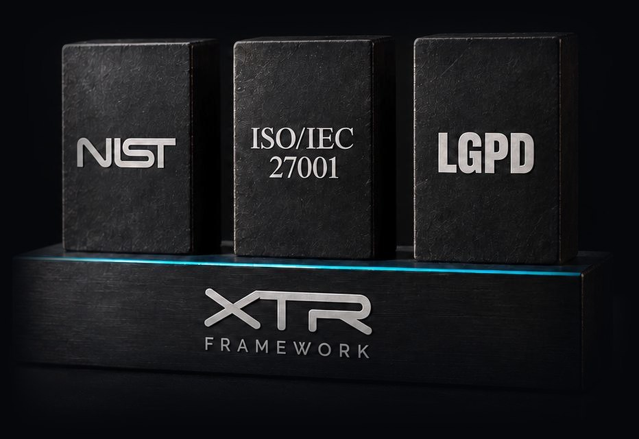 Blocos NIST, ISO/IEC 27001 e LGPD apoiados sobre a base XTR Framework