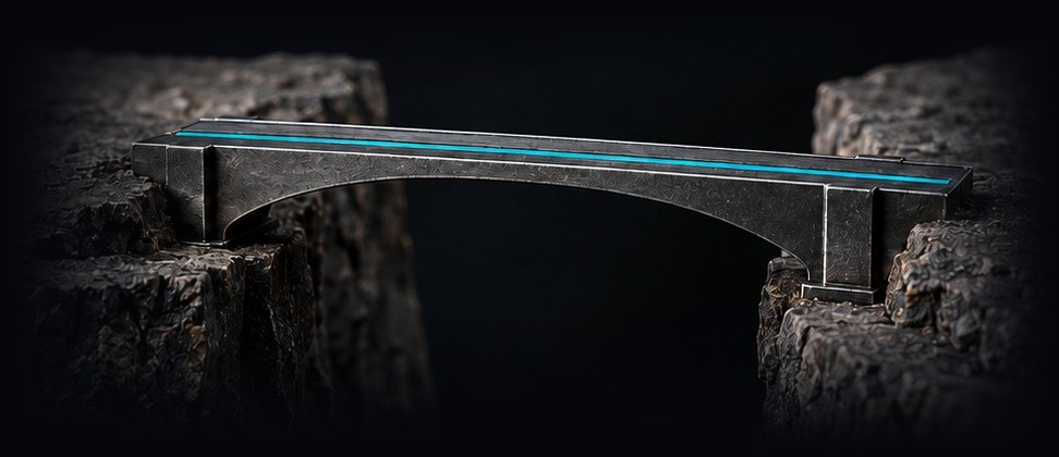 Ponte metálica com linha azul iluminada ligando duas margens de rocha