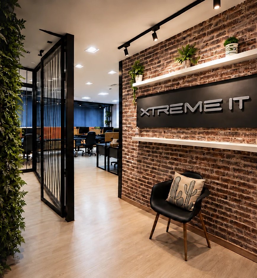 Customer Solution Center da Xtreme IT: recepção com parede de tijolos, logo Xtreme IT e área de trabalho ao fundo